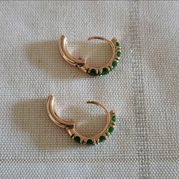 New 14K Gold Plated Emerald Huggie Hoop Earrings for Women - Picture 6 of 10